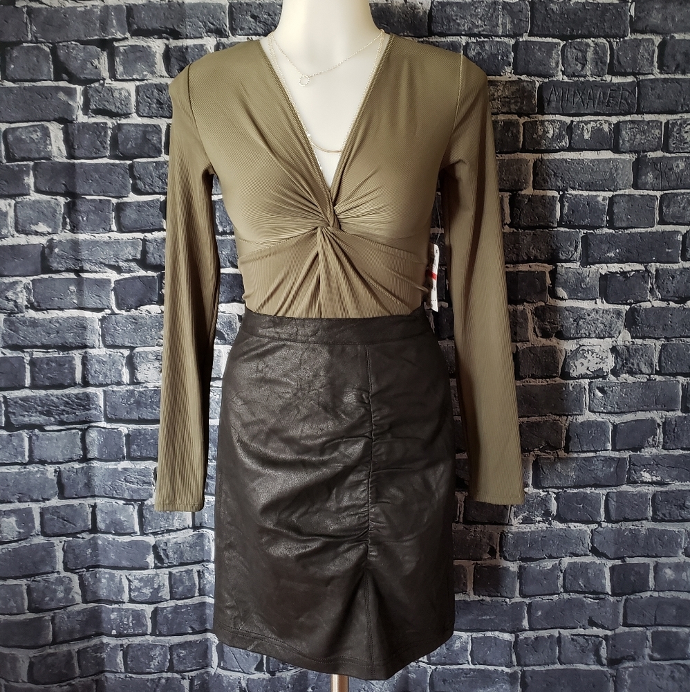 Bar III Ribbed Twist Front Bodysuit Olive Green